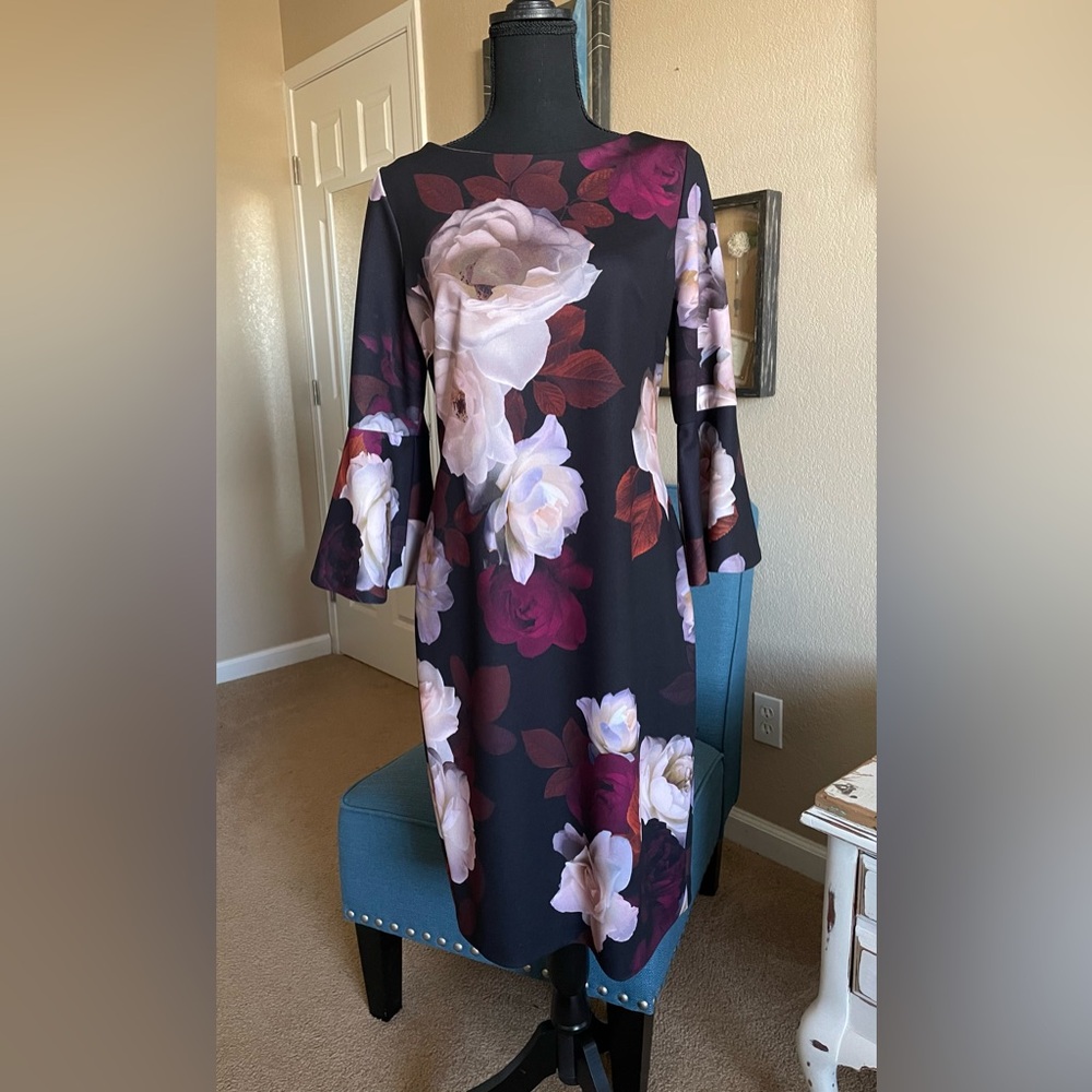 Calvin Klein Scuba Floral Bell Sleeve Dress